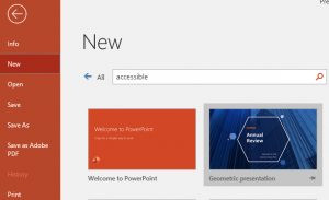 Screenshot of PowerPoint New template search box containing text that says accessible.
