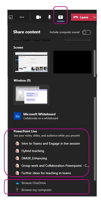 screenshot of PowerPoint sharing options in teams