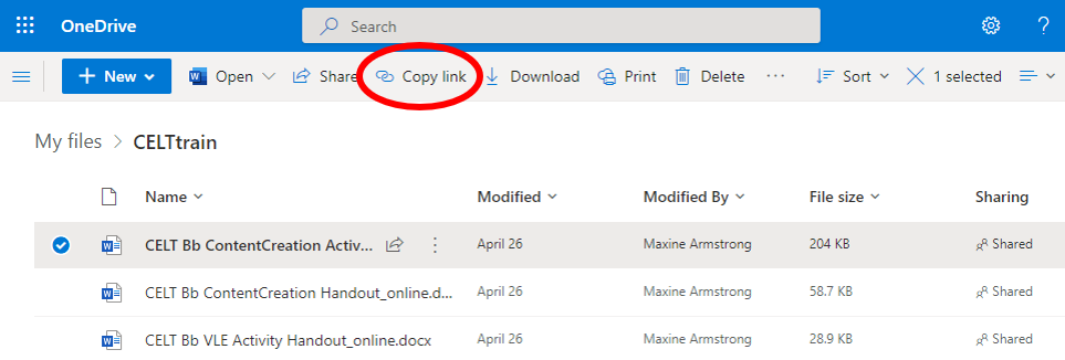 Copy Link option is highlighted in OneDrive. 