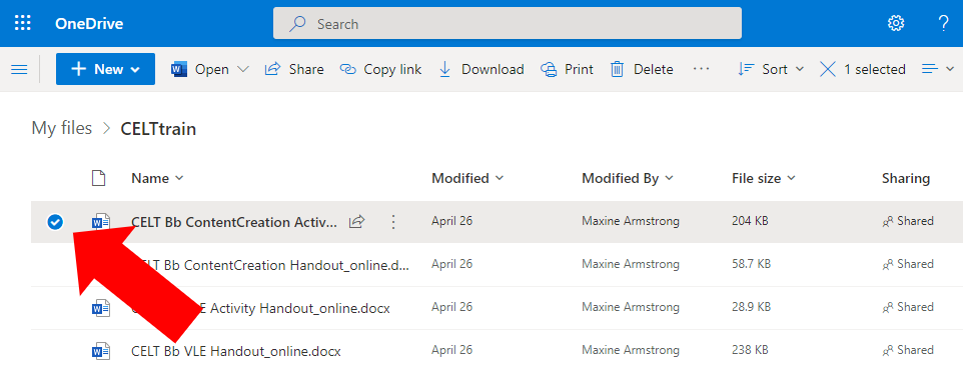 Blue tick is highlighted to show a document is selected in OneDrive. 