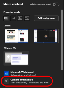Content from camera option highlighted in Share Content settings in MS Teams meeting