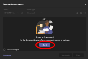 Share a document window with Got it highlighted in MS Teams meeting