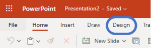 Ribbon in M365 PowerPoint app with design highlighted
