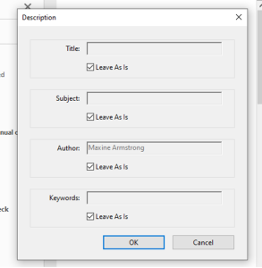 Screenshot of description panel in Acrobat Pro showing empty Title text box