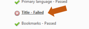 Screenshot of Accessibility Checker results panel in Acrobat Pro showing Title rule with failed icon