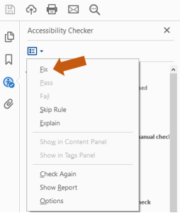 Screenshot of Accessibility Checker results panel in Acrobat Pro with Fix highlighted