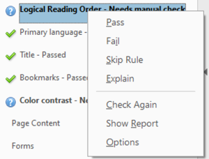 Screenshot of Accessibility Checker results panel in Acrobat Pro showing issue or rule options