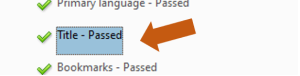 Screenshot of Accessibility Checker results panel in Acrobat Pro showing Title rule with passed icon