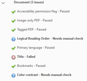 Screenshot of Accessibility Checker results panel in Acrobat Pro showing list of issues with pass and fail icons