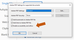 Screenshot of Acrobat Pro with advanced settings showing Enable accessibility and reflow selected