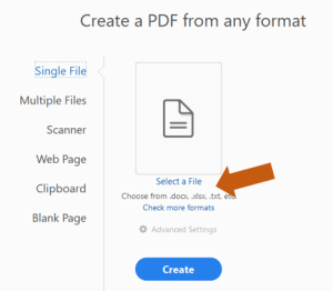 Screenshot of Acrobat Pro highlighting Select a File