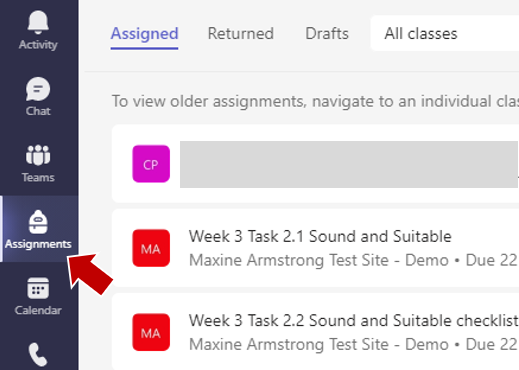 Screenshot of MS Teams app with Assignments highlighted